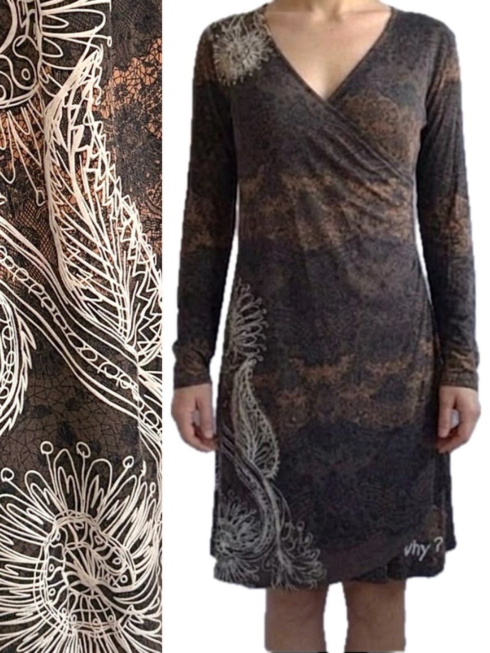 Desigual Why Damask Lace Print Faux Wrap Dress Size XL Long Sleeve Ruched Jersey